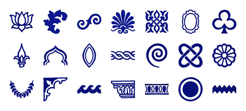 Hand-painted blue ink architectural motifs and classical ornaments. Rustic Mediterranean indigo doodle elements for traditional tile and textile design.