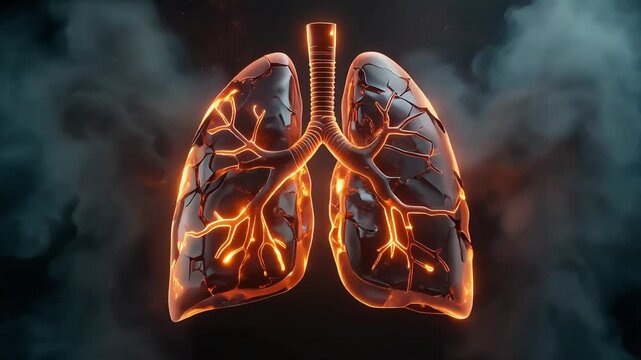 A pair of human lungs glowing with internal orange light and surrounded by smoke.