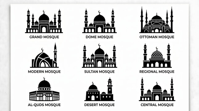 Diverse collection of elegant black silhouette mosque icons illustrating various architectural styles and religious buildings for Islamic culture and spiritual design projects.