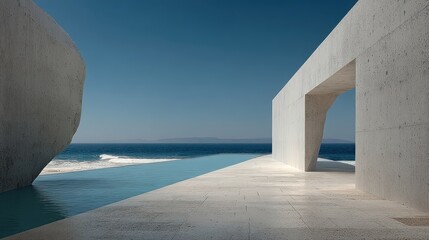 Fototapeta premium Modern architectural scene with pool extending to the ocean. Concrete structures, clear sky