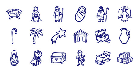 Naklejka premium Hand-drawn Christmas nativity scene elements for religious storytelling. Rustic blue ink doodle illustrations featuring baby Jesus, wise men, and manger symbols.