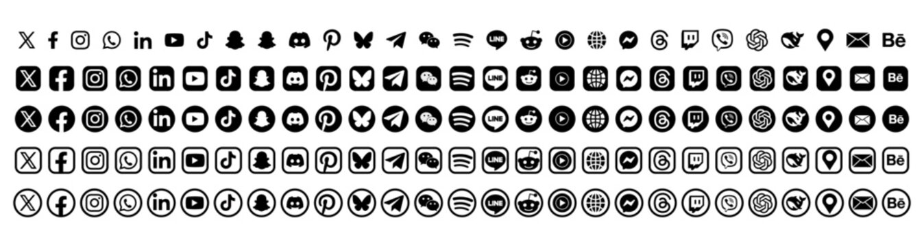 black and white social media icons set. rectangular and circular social media logo. facebook, instagram, messenger, linkedin, youtube, pinterest, telegram, wechat, line, viber, twitch, snaptube. etc.