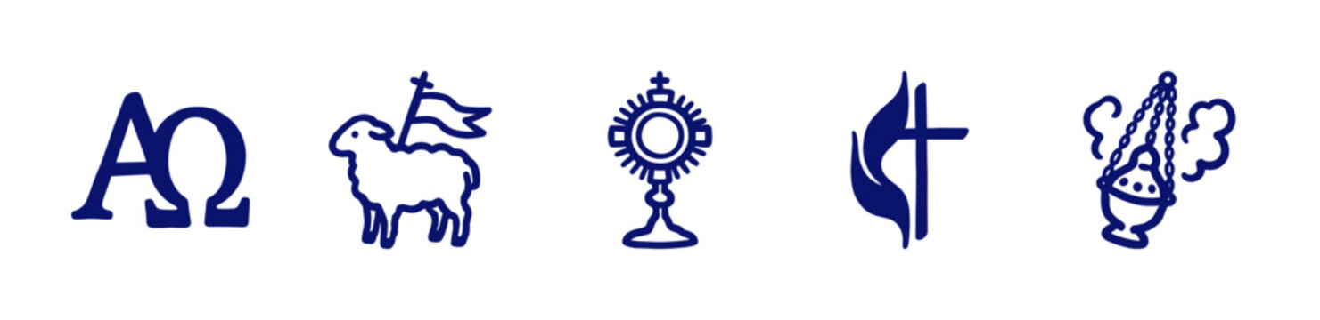 Christian religious symbols and liturgical elements for church branding. Hand-drawn blue ink style featuring Alpha Omega, Agnus Dei, monstrance, and censer.