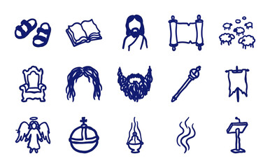 Naklejka premium Hand-drawn religious and ecclesiastical symbols for spiritual branding. Rustic, naive marker sketch illustrations featuring Christian ministry concepts.