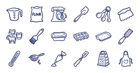 Hand-drawn baking and pastry equipment for rustic kitchen branding. Naive blue marker sketch illustrations featuring culinary tools and dessert preparation.