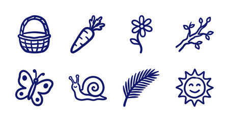 Fototapeta premium Hand-drawn nature and garden elements in a naive blue marker style. Rustic, crude doodle illustrations featuring spring flora, insects, and harvest themes.