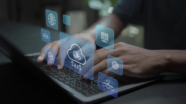 SaaS software as a service concept. Person using laptop with cloud computing and software service icons, online applications, cloud platform and digital business solutions.