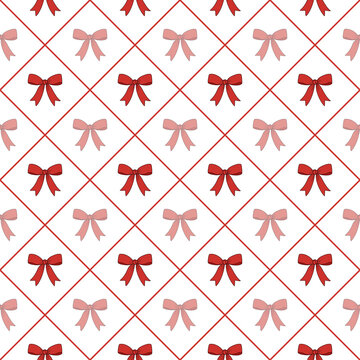 Hand drawn red and pink bows in a seamless diamond grid pattern on white