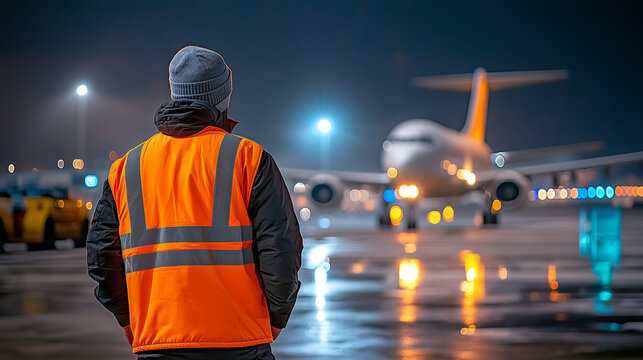Airline ground crew worker standing on the airport runway at dusk