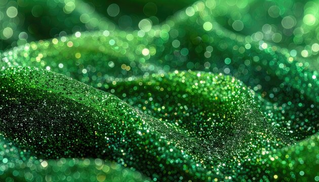 Abstract shimmering green fabric with bokeh effect.