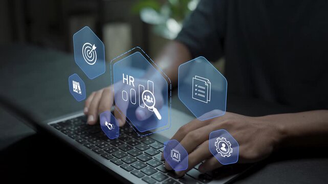Human resource analysis concept. Person using laptop with workforce analytics and employee data icons, HR performance evaluation, staff insights and talent management.
