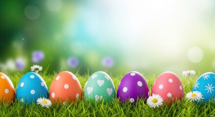 Fototapeta premium Colorful Easter eggs with white polka dots and flowers in a lush green grassy field on a sunny day