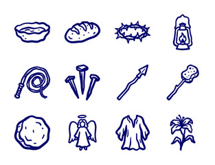 Naklejka premium Hand-drawn Christian Easter and Passion of Christ elements in a rustic doodle style. Naive marker sketch illustrations of religious symbols.