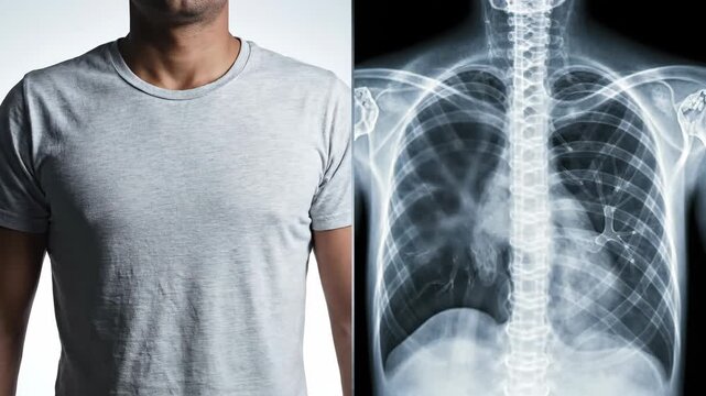 Synchronized split-screen: real human torso breathing calmly, paired with an animated x-ray of lungs inflating, demonstrating respiratory function scientifically.