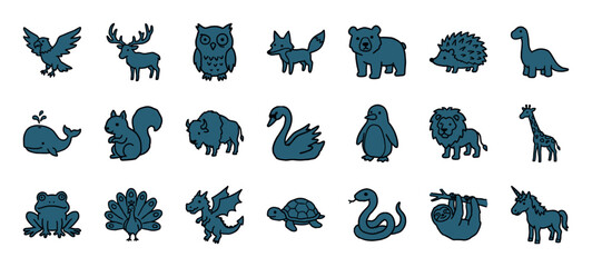 Fototapeta premium Hand-drawn dark teal animal silhouettes for organic brand identity. Rustic naive marker sketch illustrations featuring wildlife and mythical creatures.