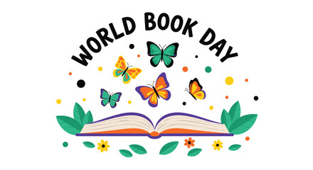 Fototapeta premium World Book Day vector illustration, colorful book and butterflies