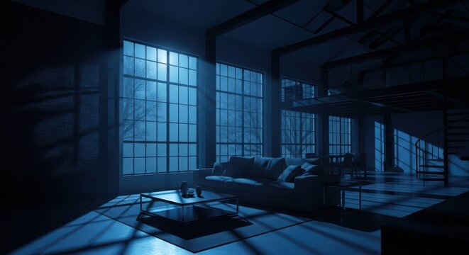 Moonlight streams through tall industrial windows into a dimly lit modern apartment interior