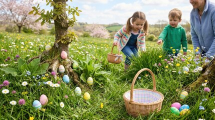 Naklejka premium Children hunting colorful easter eggs in spring meadow
