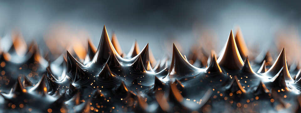 Abstract dark background of magnetic ferrofluid liquid forming sharp spikes for nanotechnology and advanced physics science concepts
