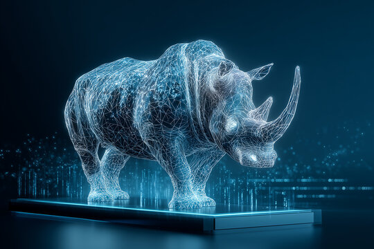 futuristic 3d rhinoceros hologram with glowing liquid silver metal textures on dark navy blue background