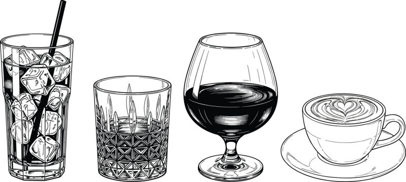 "Assorted drinkware collection featuring iced beverage, textured tumbler, dark wine glass, and latte art coffee cup on saucer"