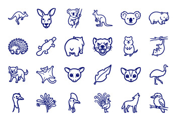 Fototapeta premium Australian wildlife and outback nature elements for organic brand identity. Rustic, naive blue line sketch illustrations featuring marsupials and birds.