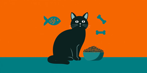modern minimalist flat illustration of a cat with a food bowl for pet nutrition concept