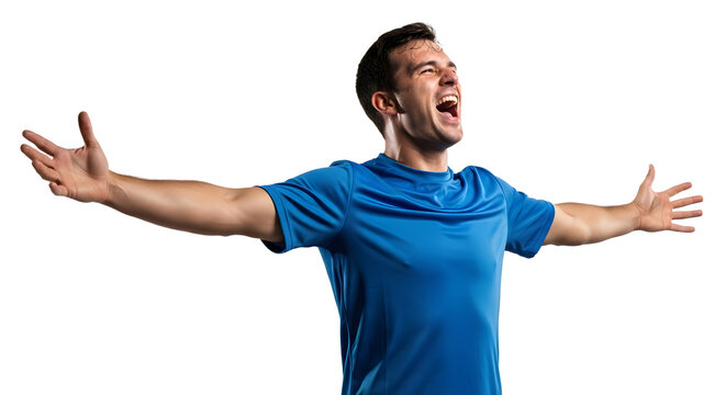 A man soccer fan player in a blue shirt with his arms outstretched in a gesture of excitement or celebration 2026 soccer world championship. Transparent background