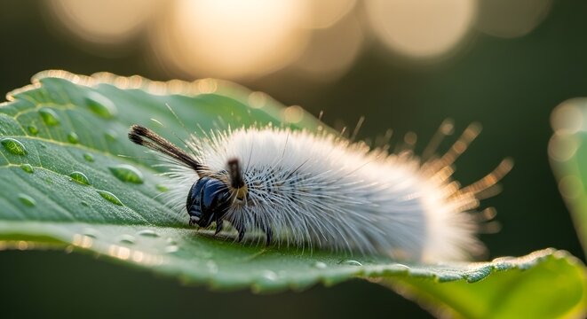 Fluffy White Caterpillar with Blue Eyes on Green Leaf with Water Droplets