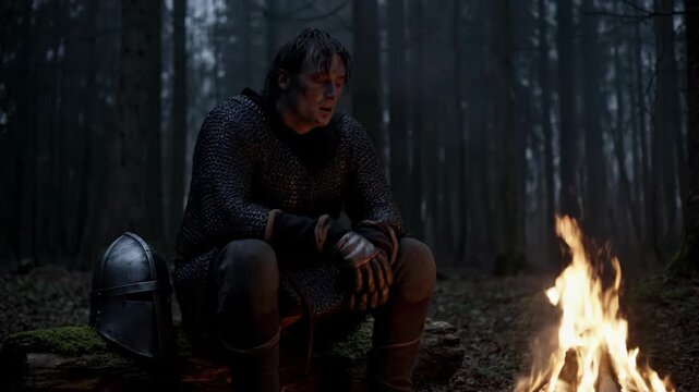 Knight with chainmail armor and helmet by campfire in dark forest, somber expression for historical drama and medieval reenactment.