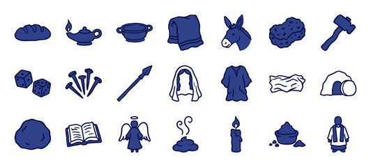 Naklejka premium Hand-drawn Christian Easter and Passion of Christ elements for religious storytelling. Rustic, naive marker sketch illustrations of biblical artifacts.