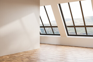 Fototapeta premium Empty room interior with blank wall and skylight windows, 3D render
