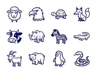 Fototapeta premium Hand-drawn wild and domestic animal doodles for organic branding. Rustic, naive marker sketch illustrations featuring diverse fauna species.