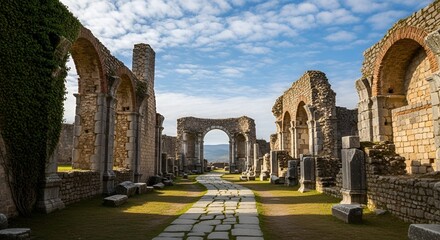 Fototapeta premium Ancient Roman Ruins With Arches and Stone Path Under Blue Sky