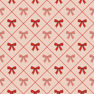 Sweet doodle style pink and red bows arranged in a romantic seamless diagonal grid