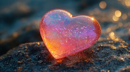 Fototapeta premium Heart-shaped gem on rocks, sunset glow, close-up, romantic imagery, possible use love, Valentine's Day