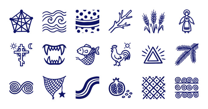 Folk Slavic and Baltic mythological symbols in a rustic linocut style. Primitive hand-drawn pagan icons featuring wheat, sun, moon, and traditional patterns.