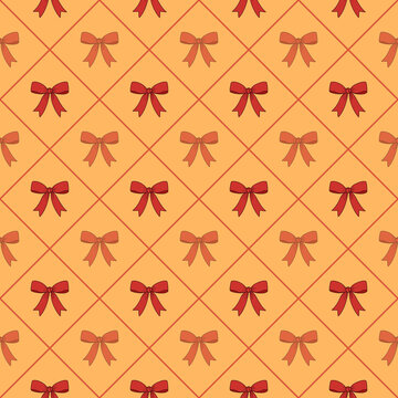 Hand drawn red bows in a seamless diamond grid pattern on an orange background