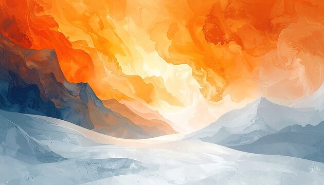 Digital painting of snowy mountains beneath a fiery, orange, and white abstract sky