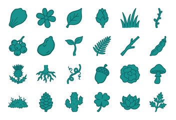 Fototapeta premium Hand-drawn botanical forest elements for organic branding. Rustic naive marker sketch illustrations featuring leaves, plants, and woodland nature.