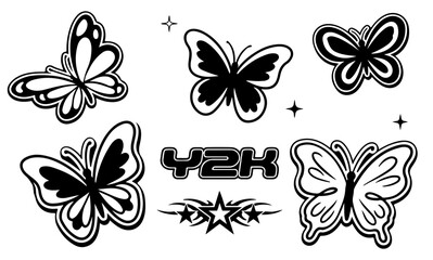 Black and white stylized y2k butterflies with stars and tribal y2k text. Conceptual vector illustration for retro nostalgia clipart and tattoo designs.