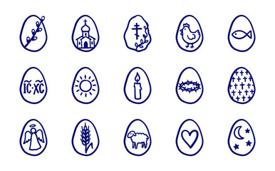 Naklejka premium Hand-drawn Orthodox Easter symbols for rustic holiday branding. Naive marker sketch illustrations featuring church, willow, and paschal motifs.