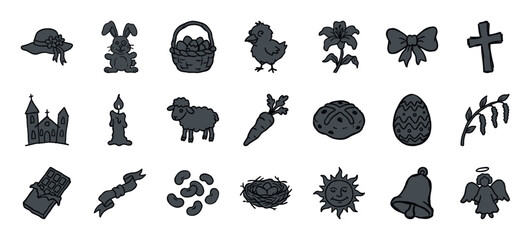 Naklejka premium Hand-drawn Easter and religious celebration elements for organic festive branding. Rustic, naive marker sketch illustrations featuring spring holiday concepts.