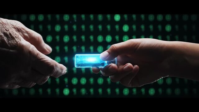 Elderly caucasian man giving USB flash drive to young asian woman. Technology hand off between generations transfer data. Digital information sharing.