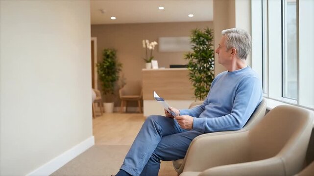 Mature man sitting in hospital waiting room holding brochure. Elderly caucasian patient waiting for appointment in lounge area. Healthcare service visit concept.