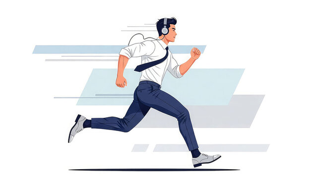 A businessman wearing headphones runs quickly in a modern office setting with a minimalist design