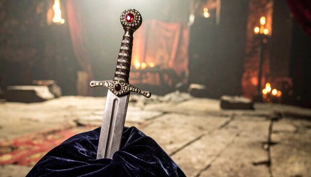 A silver dagger with an ornate, jeweled hilt resting gracefully on a draped dark velvet cloth, evoking a sense of ancient mystery and power.