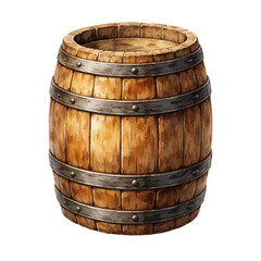 Obraz premium A watercolor illustration of a rustic wooden barrel with metal bands for farmhouse decor designs, vintage tavern graphics, winery branding, and rustic packaging illustrations.