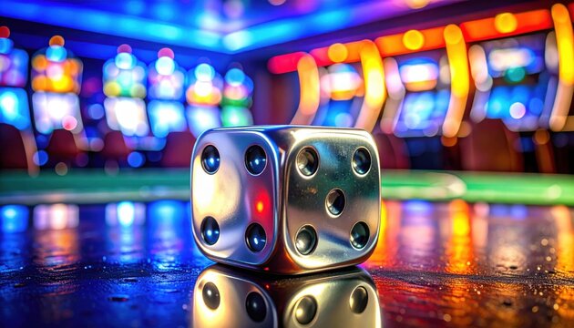 A sleek, polished chrome die gleams and reflects the vibrant, blurred lights of a bustling casino floor, symbolizing chance, fortune, and high-stakes excitement.