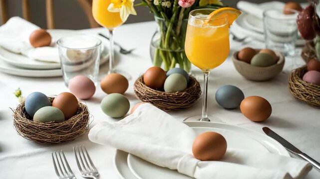 Festive easter table setting with colorful eggs and fresh orange juice, a woman is arranging the decorations for a meal